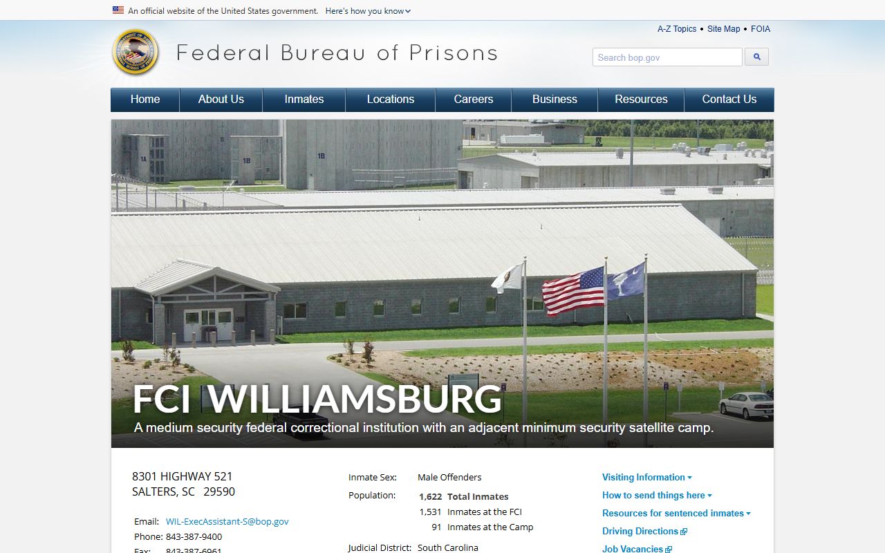 Federal Correctional Institution Williamsburg BOP facility page for inmate lookup and visiting resources