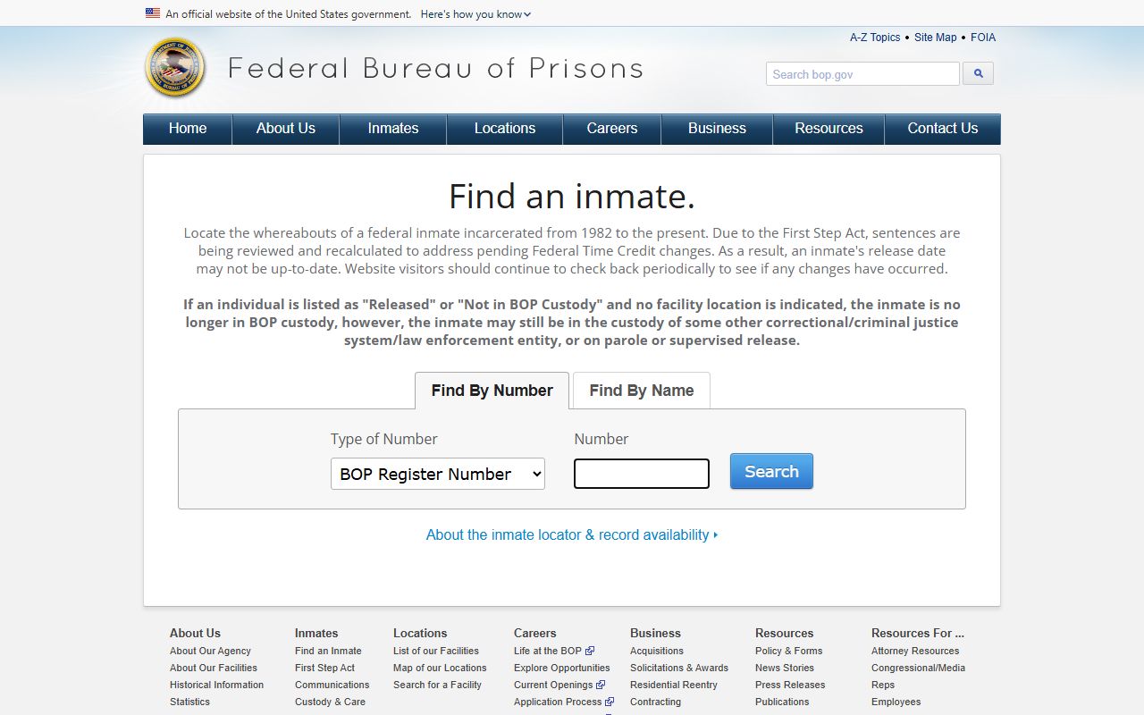 BOP inmate locator search page for Federal Correctional Institution Williamsburg inmates