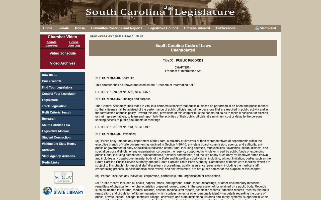 South Carolina FOIA statute for Williamsburg County booking photos