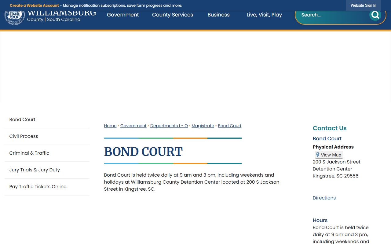 Williamsburg County Detention Center bond court schedule for jail custody after arrest