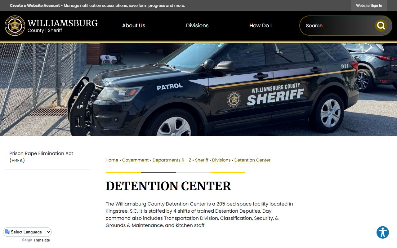 Williamsburg County inmate population detention center capacity source