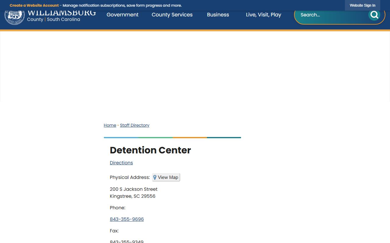 Williamsburg County Detention Center directory showing jail contact and visitation information